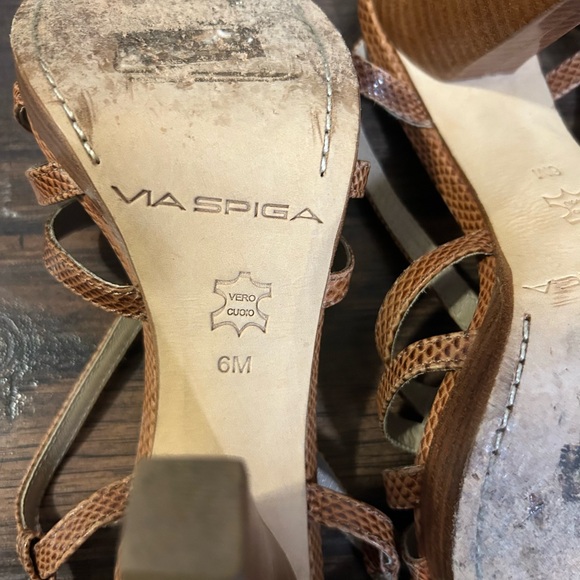 Via Spiga Brown/Tan Strappy Slingback Snakeskin Patterned Chunky Wood Heel SZ 6 - Picture 6 of 9